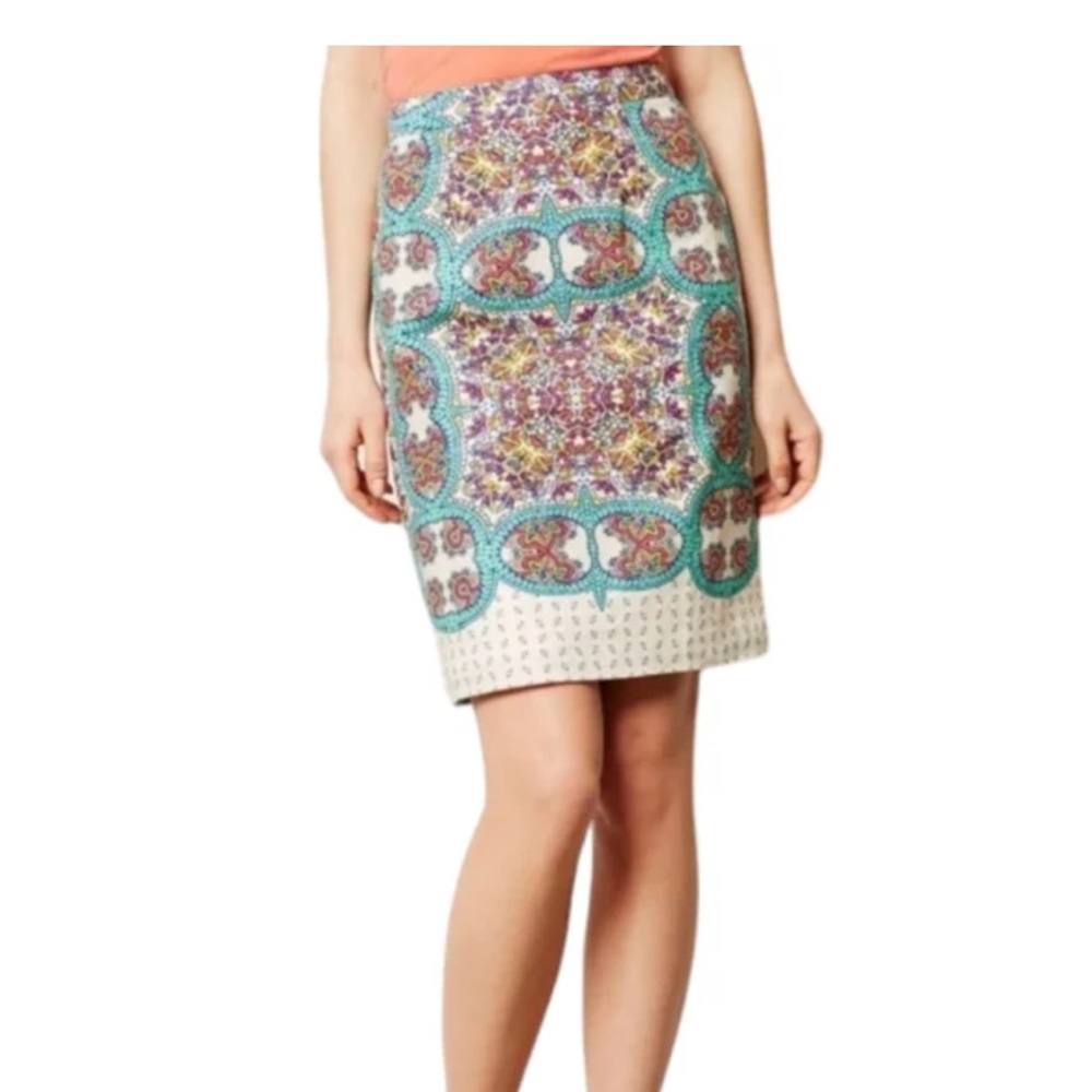 Maeve Teal and Multicolor Patterned Pencil Skirt